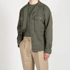 XACUS GABARDINE COTTON LINEN OVERSHIRT ARMY