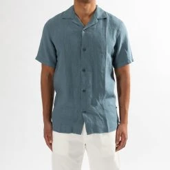 NN07 MIYAGI LINEN BOWLING SHIRT SS DUST BLUE