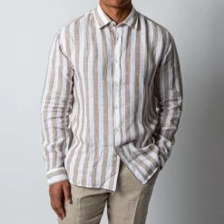 XACUS BLOCK STRIPE LINEN SHIRT KHAKI