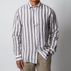 XACUS BLOCK STRIPE LINEN SHIRT DARK BROWN