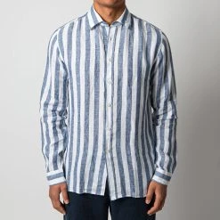 XACUS BLOCK STRIPE LINEN SHIRT BLUE