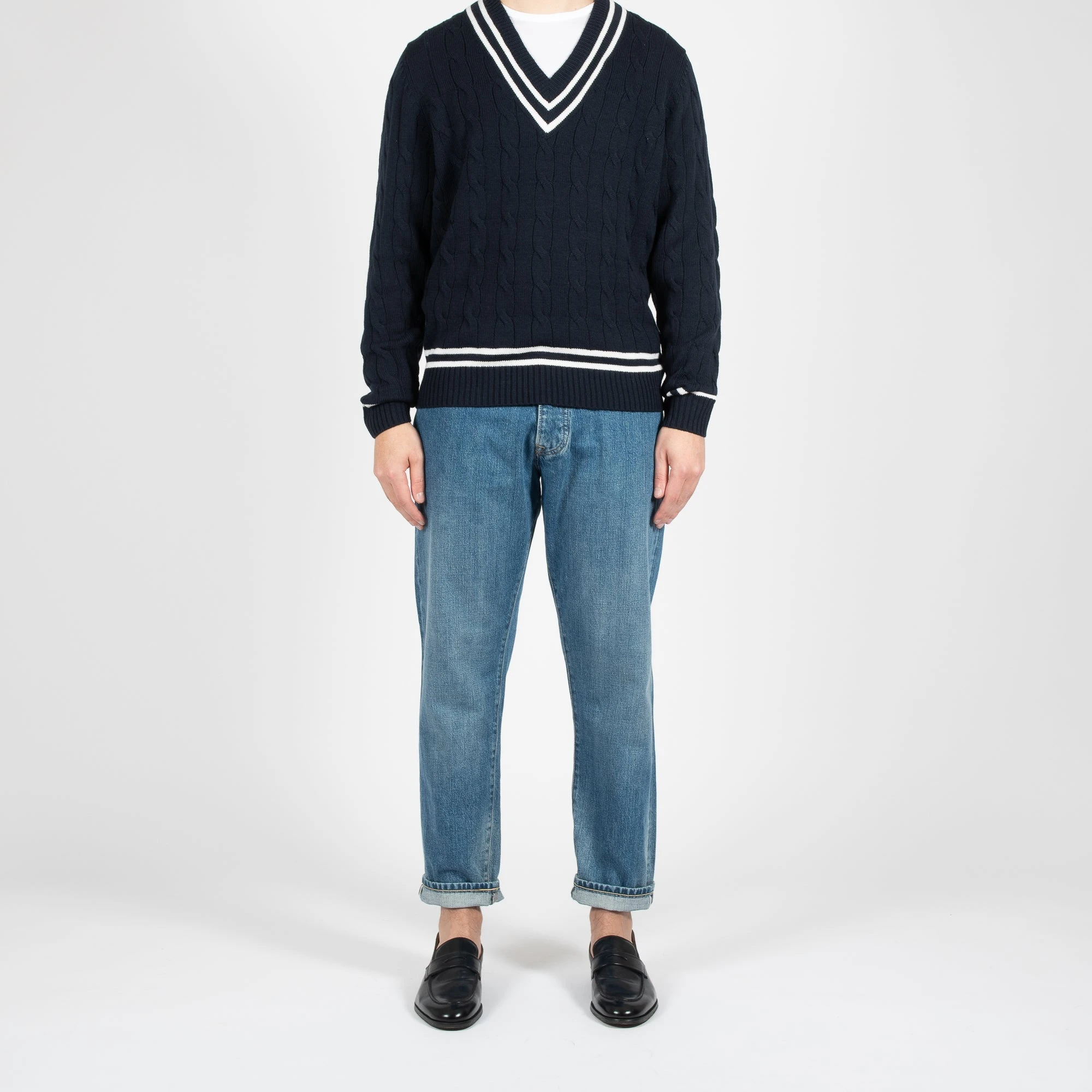 Alan Paine MERINO CRICKET CABLE V-NECK NAVY / ECRU 10 Alan Paine MERINO CRICKET CABLE V-NECK NAVY / ECRU - Bild 8