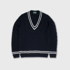 Alan Paine MERINO CRICKET CABLE V-NECK NAVY / ECRU