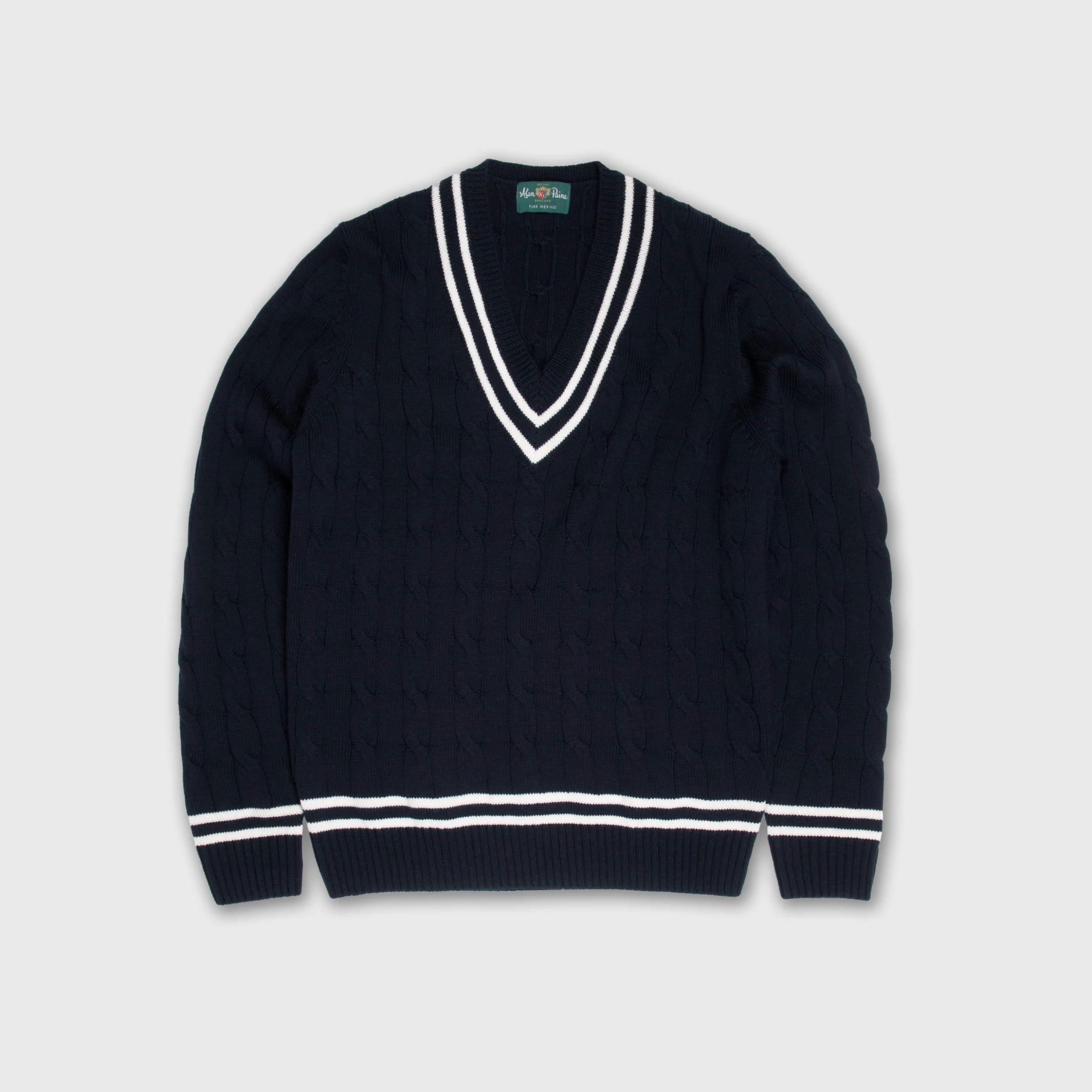 Alan Paine MERINO CRICKET CABLE V-NECK NAVY / ECRU 3 Alan Paine MERINO CRICKET CABLE V-NECK NAVY / ECRU